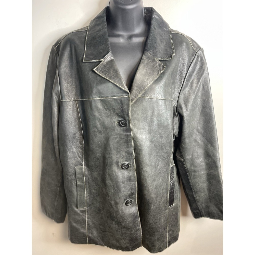 Vintage Mossimo Genuine Leather Jacket Womens 24W Black Button Up Lined Coat
